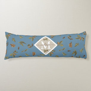 Dusty Blue Rustic Brown Leaves Monogrammed  Body Pillow