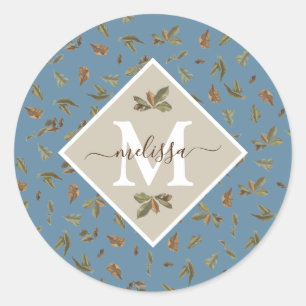 Dusty Blue Rustic Brown Leaves Monogrammed  Classic Round Sticker