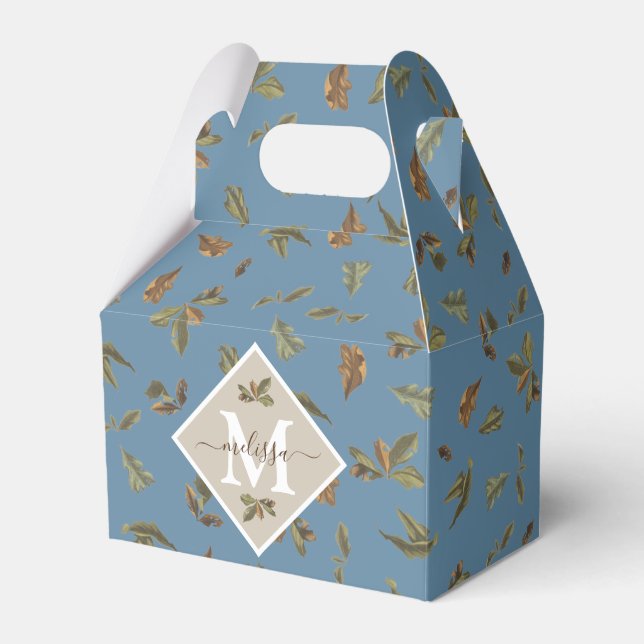 Dusty Blue Rustic Brown Leaves Monogrammed Favor Box (Front Side)