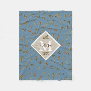 Dusty Blue Rustic Brown Leaves Monogrammed  Fleece Blanket