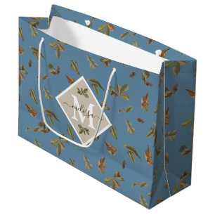 Dusty Blue Rustic Brown Leaves Monogrammed  Large Gift Bag