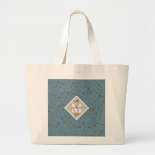 Dusty Blue Rustic Brown Leaves Monogrammed Large Tote Bag
