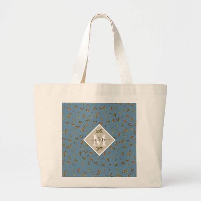Dusty Blue Rustic Brown Leaves Monogrammed Large Tote Bag (Front)
