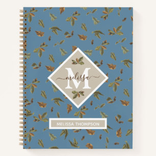 Dusty Blue Rustic Brown Leaves Monogrammed Notebook