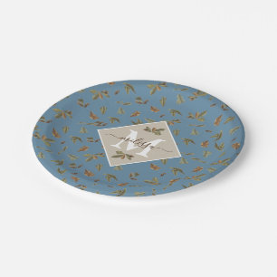 Dusty Blue Rustic Brown Leaves Monogrammed Paper Plate