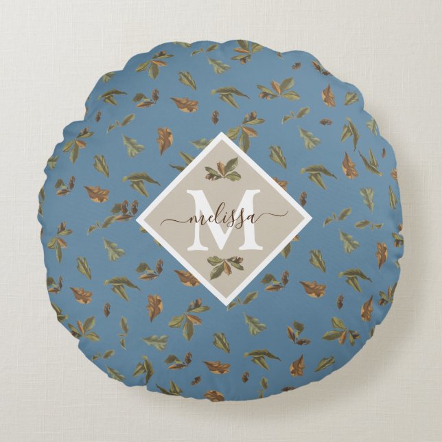 Dusty Blue Rustic Brown Leaves Monogrammed Round Pillow (Front)