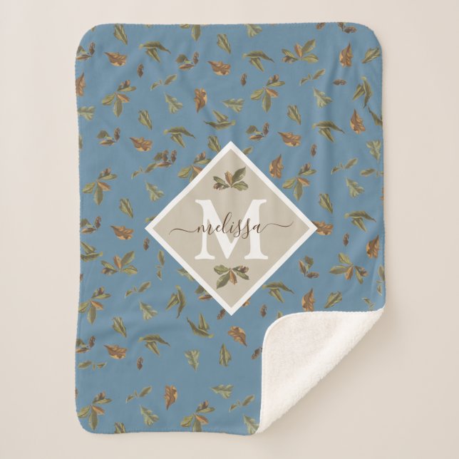 Dusty Blue Rustic Brown Leaves Monogrammed Sherpa Blanket (Front)