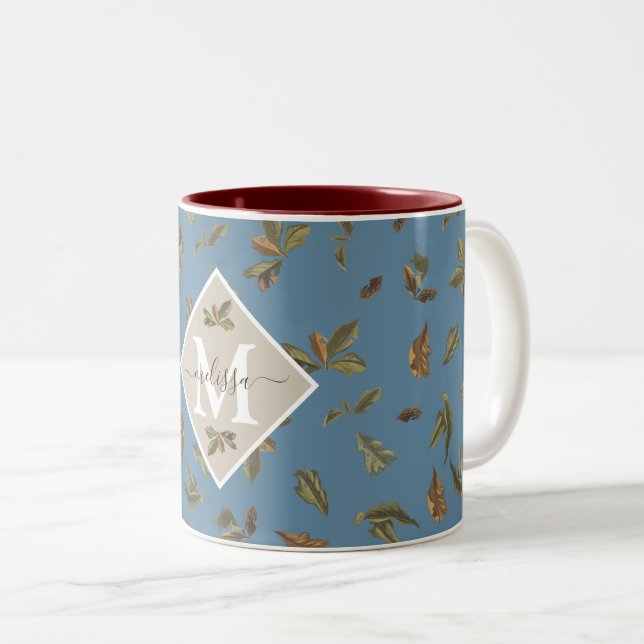 Dusty Blue Rustic Brown Leaves Monogrammed  Two-Tone Coffee Mug (Front Right)