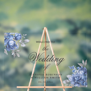 Dusty Blue Rustic Floral Elegant Script Wedding Acrylic Sign