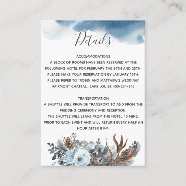 Dusty Blue Rustic Floral Wedding Details Reception Enclosure Card (Front)