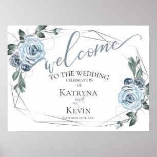 Dusty Blue Rustic Floral Wedding Welcome Poster
