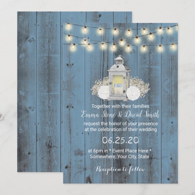 Dusty Blue Rustic Lantern & String Lights Wedding Invitation (Front/Back)