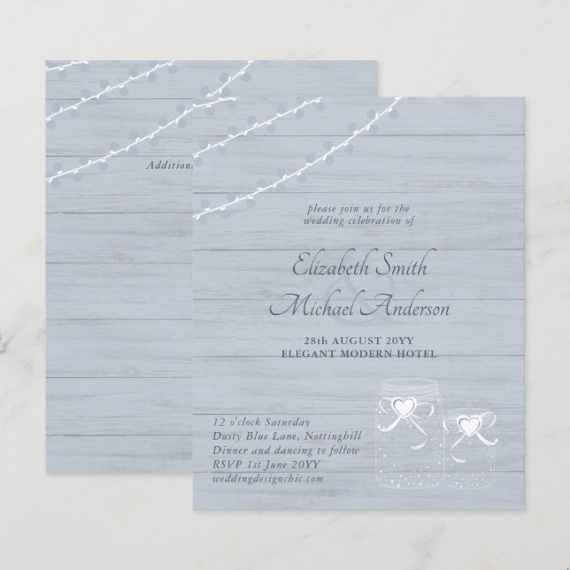  Dusty Blue Rustic Lights Mason Jar Wedding Invite (Front/Back)