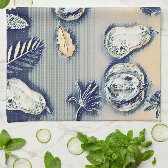 dusty blue Rustic Pumpkin & Autumn Leaf Kitchen Towel (Folded)