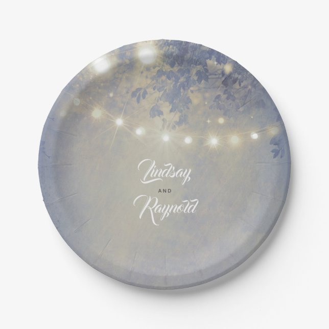 Dusty Blue Rustic String Lights Wedding Paper Plate (Front)
