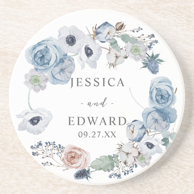  Dusty Blue Rustic Wedding Floral Coaster (Front)