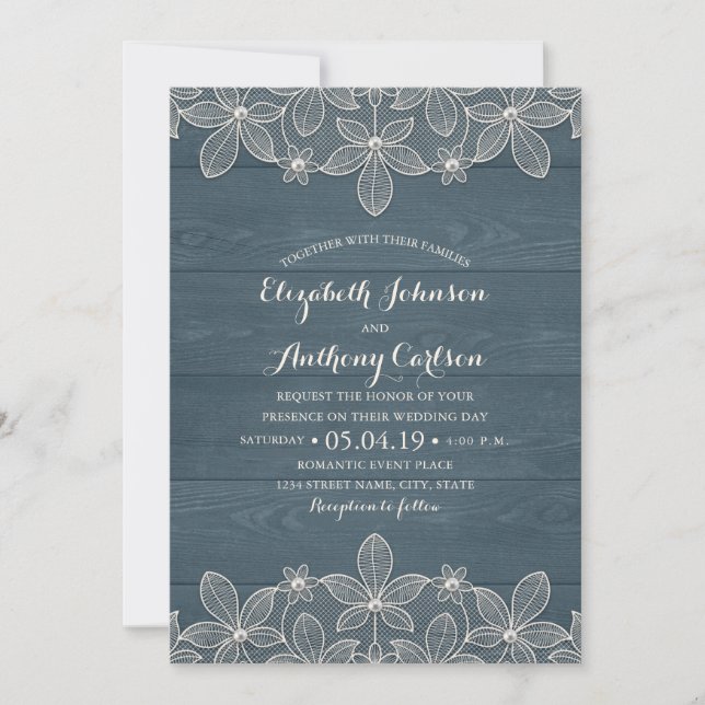 Dusty Blue Rustic Wood Lace and Pearls Wedding Invitation (Front)