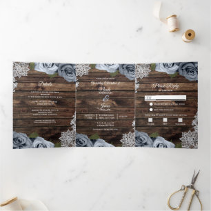 Dusty Blue Rustic Wood Trifold Wedding Program