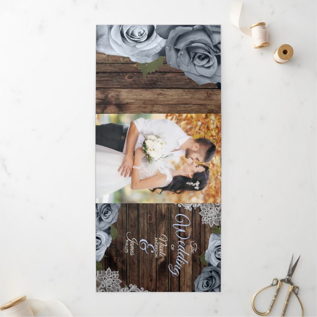 Dusty Blue Rustic Wood Trifold Wedding Program (Outside)