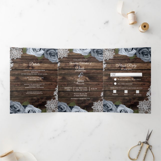 Dusty Blue Rustic Wood Trifold Wedding Programme (Intérieur)