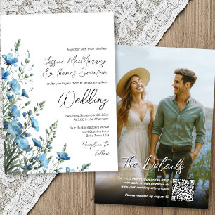Dusty Blue Sage Boho Wildflowers Photo QR Wedding Invitation