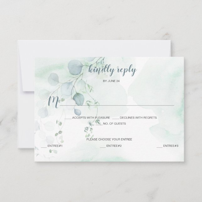 Dusty Blue & Sage Green Eucalyptus Meal Selection RSVP Card (Front)