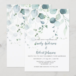 Dusty Blue & Sage Green Eucalyptus on White Invitation