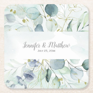 Dusty Blue Sage Green Eucalyptus Wedding Square Paper Coaster