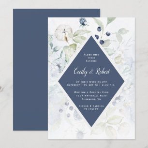Dusty Blue Sage Green Floral Diamond Frame Wedding Invitation