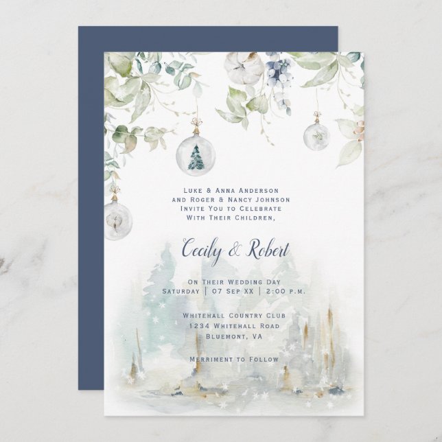Dusty Blue Sage Green Floral Snow Globes Wedding Invitation (Front/Back)