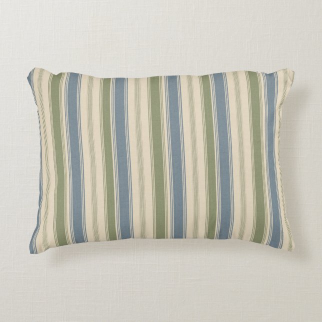 Dusty Blue & Sage Green Linen Multi-Width Stripes  Accent Pillow (Front)
