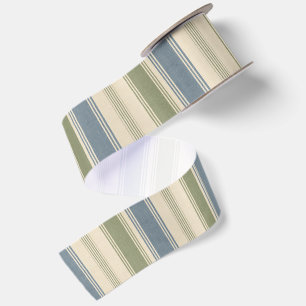 Dusty Blue & Sage Green Linen Multi-Width Stripes  Satin Ribbon