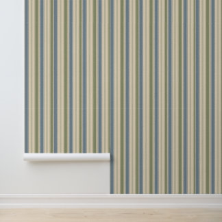 Dusty Blue & Sage Green Linen Multi-Width Stripes Wallpaper