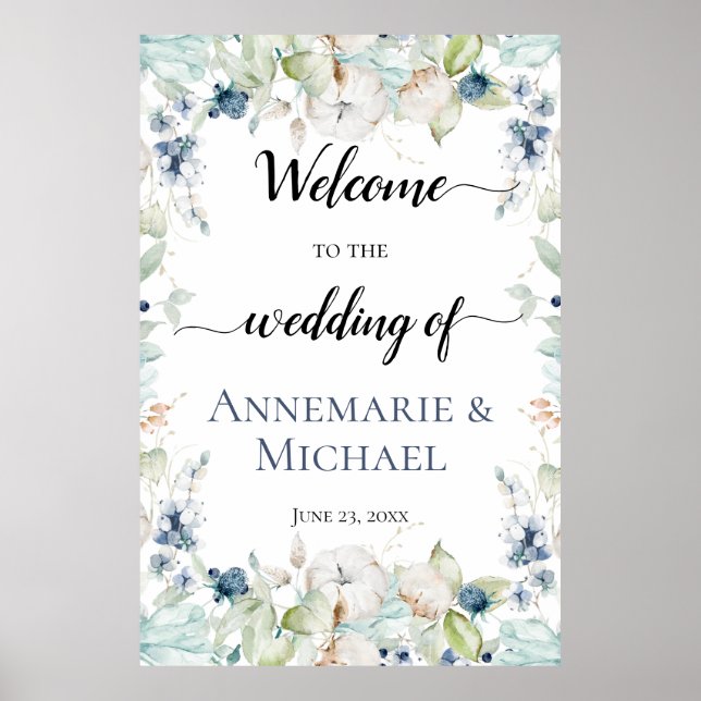 Dusty Blue Sage Green Winter Floral Wedding Poster (Front)
