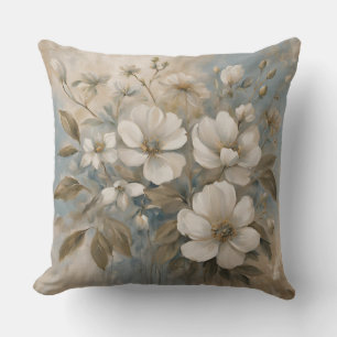Dusty Blue Sage Tan Farmhouse Floral Throw Pillow