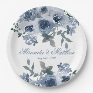 Dusty Blue Sage Watercolor Peony Wedding Paper Plate