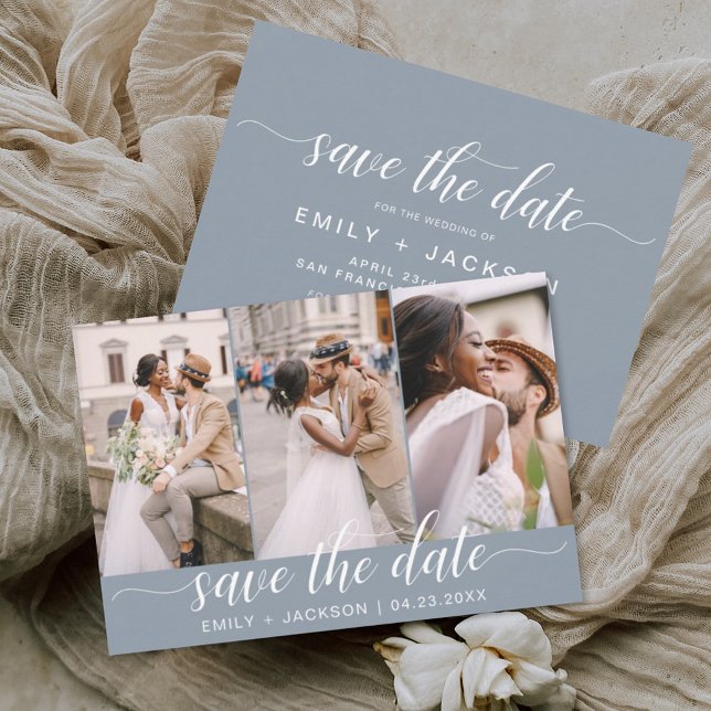 Dusty Blue Save the Date 3 Photo Elegant Modern (Créateur téléchargé)