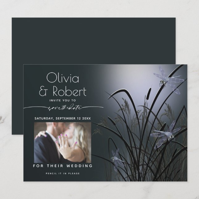 Dusty Blue Save the Date  Moonlight Dragonfly Invitation (Front/Back)