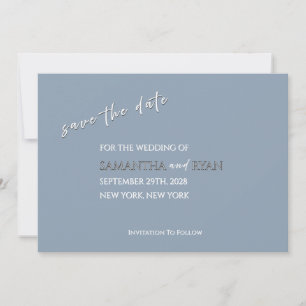 Dusty Blue Save the Date with Metallic Silver Text