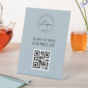 Dusty Blue Scan Me QR Code Price List Menu Sign 