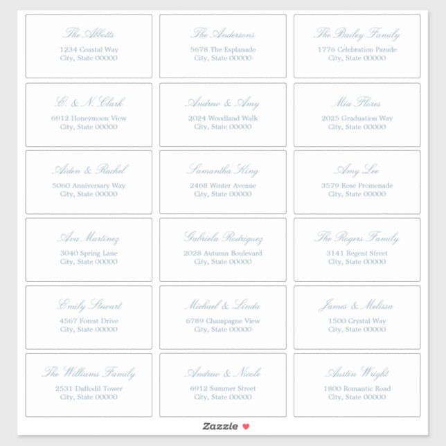 Dusty Blue Script 18 Étiquettes de adresse invités (Feuille)
