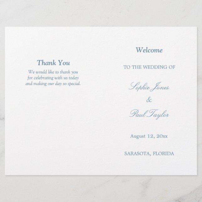Dusty Blue Script Bi-Fold Wedding Programme (Devant)