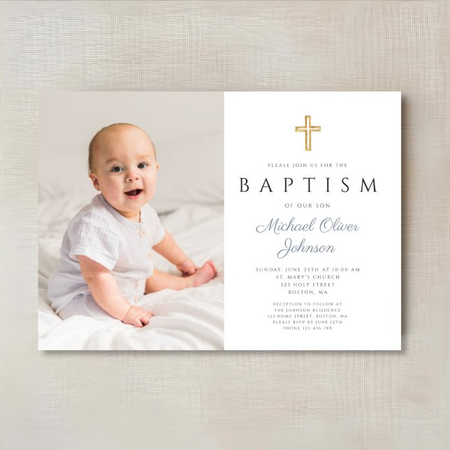 Dusty Blue Script Cross Boy Photo Baptism Invitation (Dusty Blue Script Cross Boy Photo Baptism Invitation)