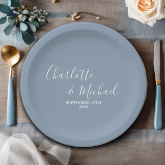 Dusty Blue Script Minimalist Wedding Paper Plate