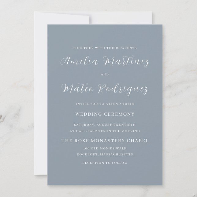 Dusty Blue Script Modern Wedding Invitation (Front)