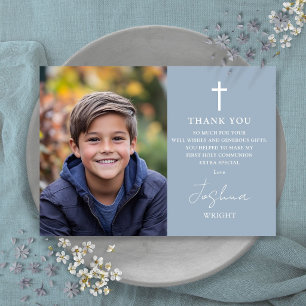 Dusty Blue Script Photo First Holy Communion Thank You Card