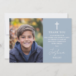 Dusty Blue Script Photo First Holy Communion Thank You Card