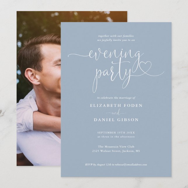 Dusty Blue Script Photo Wedding Evening Party Invitation (Front/Back)