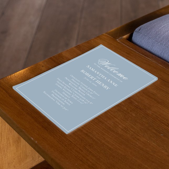 Dusty Blue Script Programme de mariage personnalis (Elegant dusty blue wedding program template. )