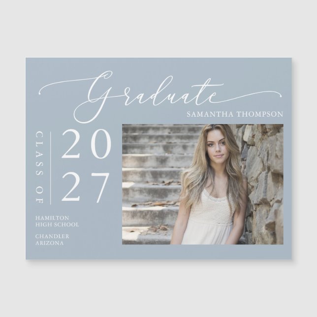 Dusty Blue Script School Graduate Photo Magnet (Devant)